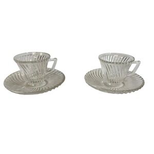 Set of 2 Clear Glass Swirl Espresso Cups and Saucers‎ Demitasse Federal